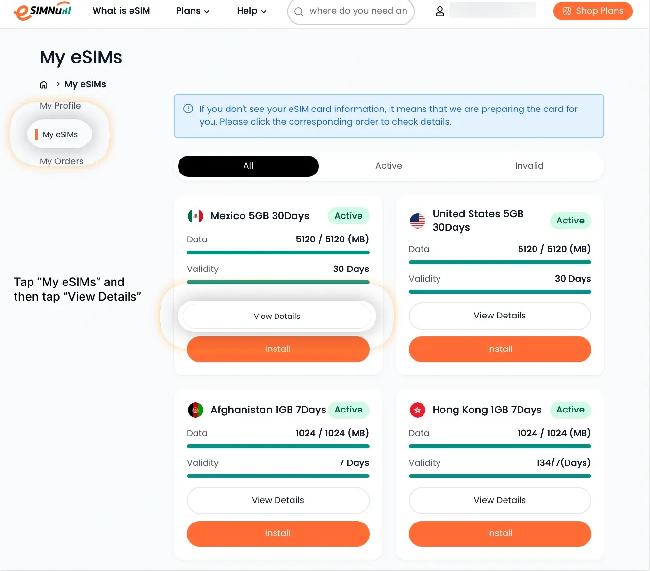 view esimnum plan details